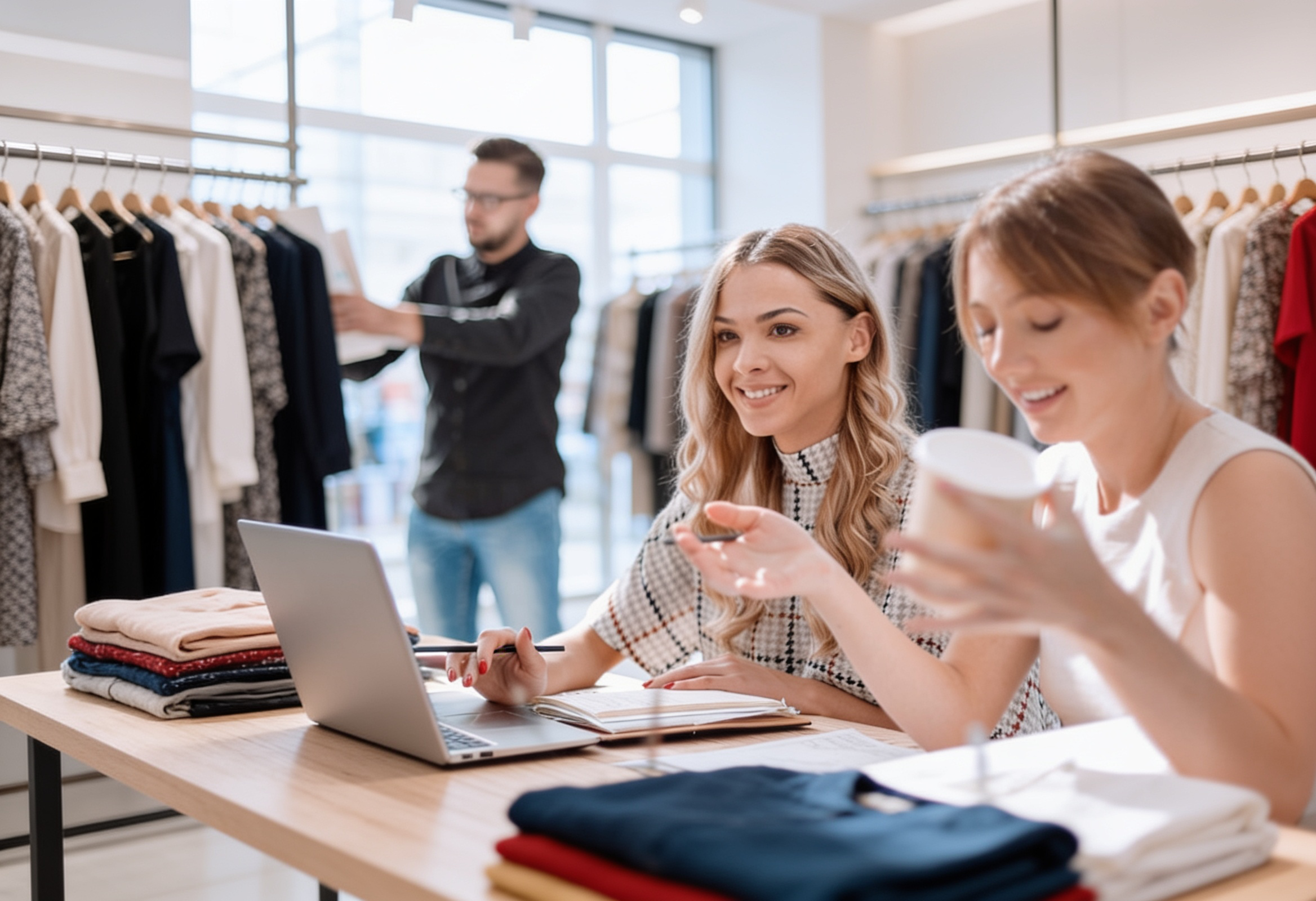 Twee vrouwen werken aan tafel met laptop in kledingwinkel; man staat bij kledingrekken