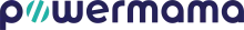 Logo van Powermama in zwart met blauwe en groene accentstrepen