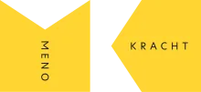 Grafisch ontwerp met gele chevrons en de woorden “MENO” en “KRACHT”